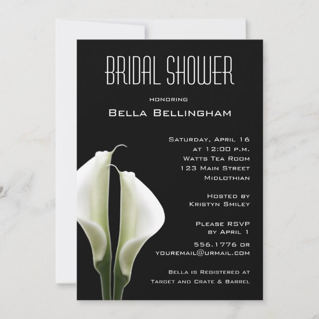 Calla Lillies Bridal Shower Invitation on Black (Front)