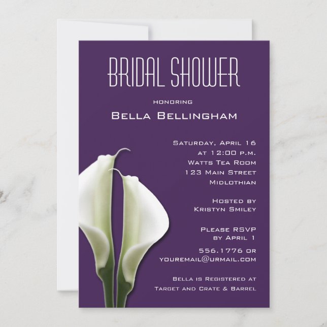 Calla Lillies Bridal Shower Invitation on Purple (Front)