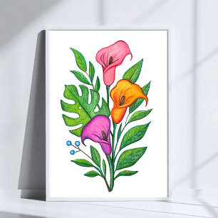 Calla Lillies Floral Coloured Pencil Drawing Poster