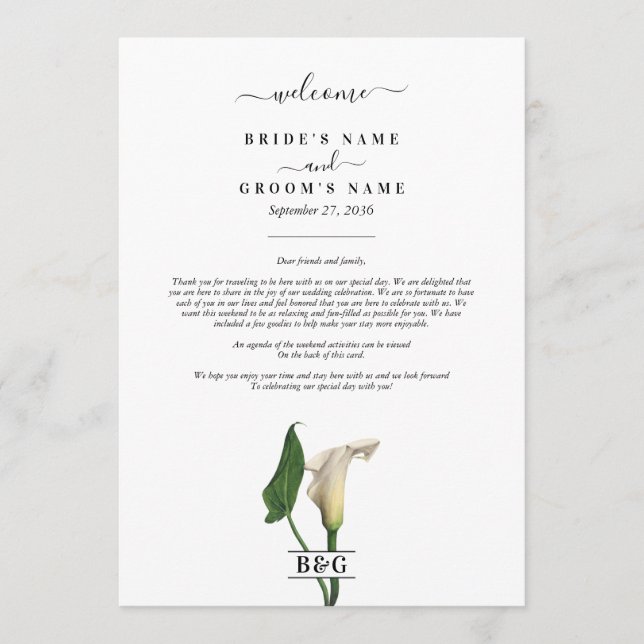 Calla Lily Botanical Wedding Itinerary Programme (Front)