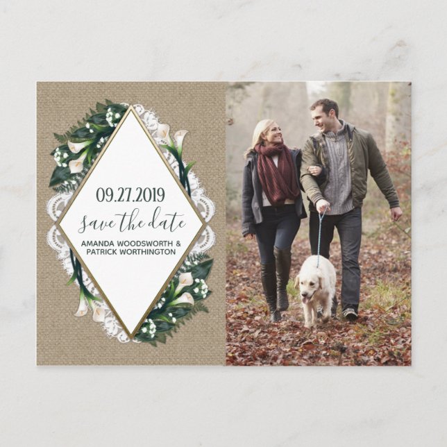 Calla Lily Burlap Lace Wedding Save the Date Cards (Front)