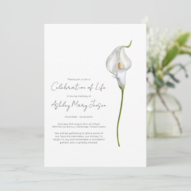 Calla Lily Celebration of Life Funeral Invitation (Standing Front)