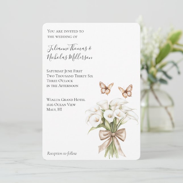 Calla Lily Floral Butterflies Bow Wedding Invitation (Standing Front)
