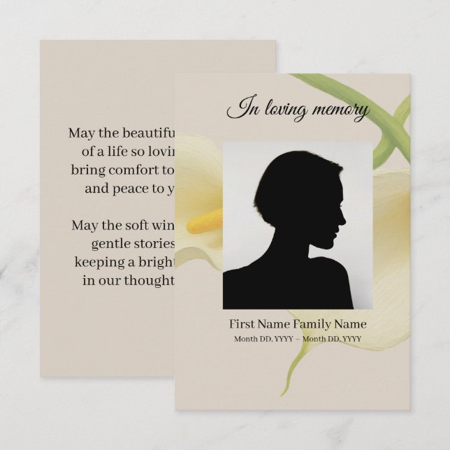 Calla lily funeral prayer card (Front/Back)