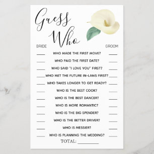 Calla Lily Guess Who Bridal shower game card