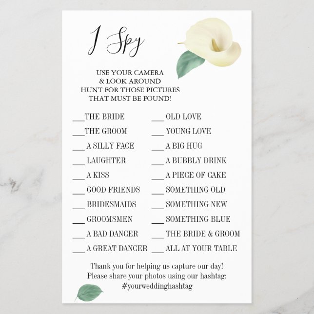 Calla Lily I spy wedding reception game card (Front)