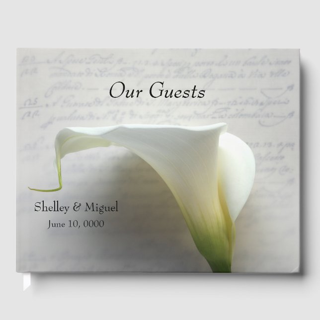 Calla lily on old hand script guest book (Front)