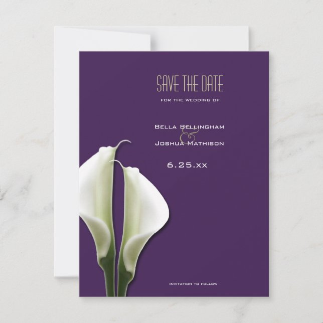 Calla Lily Save the Date on Purple Announcement (Front)