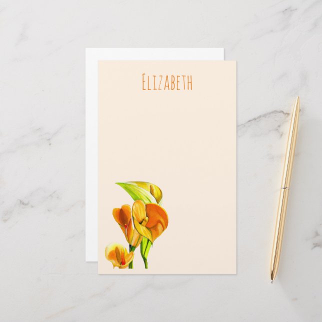 Calla lily watercolor flower art stationery (Front/Back In Situ)