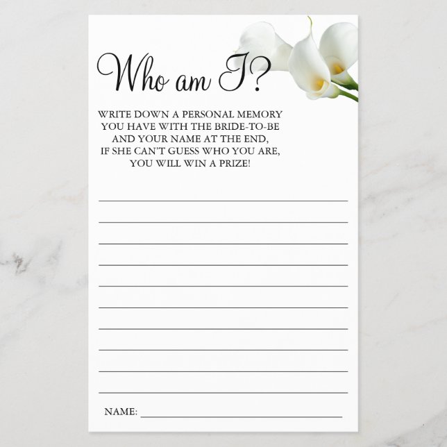 Calla Lily Who I am Bridal shower game card (Front)