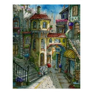 Callejón de Cuento de Hadas en Acuarela  Poster