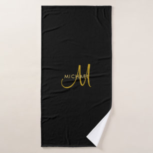 Calligraphed Initial Monogram Template Black&Gold Bath Towel