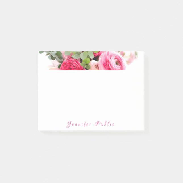 Calligraphed Name Text Watercolor Roses Template Post-it Notes (Front)