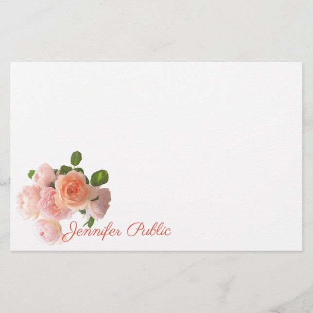 Calligraphed Name Watercolor Roses Floral Template Stationery (Front)