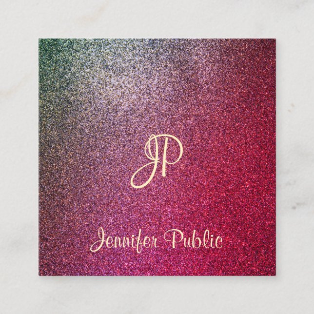 Calligraphed Script Modern Glamourous Glitter Square Business Card (Front)