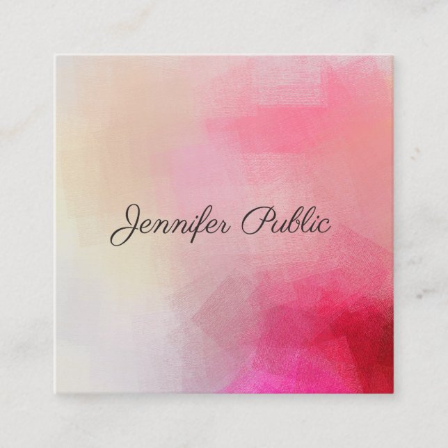 Calligraphed Text Elegant Pink Modern Template Square Business Card (Front)