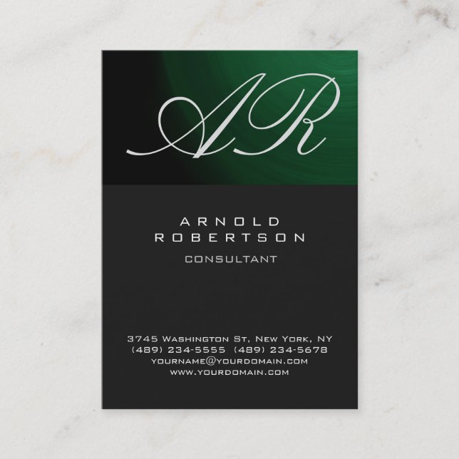 Calligraphic Grey Green Monogram Business Card (Front)