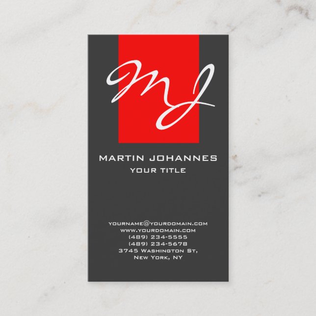 Calligraphic Monogram Red Dark Grey Business Card (Front)