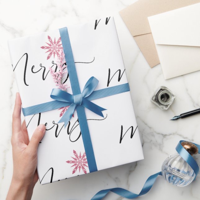 Calligraphic Pink Glitter Snowflakes Christmas Wrapping Paper (Gifting)