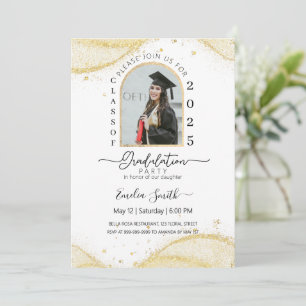 Calligraphic White gold glitter Photo Graduation Invitation
