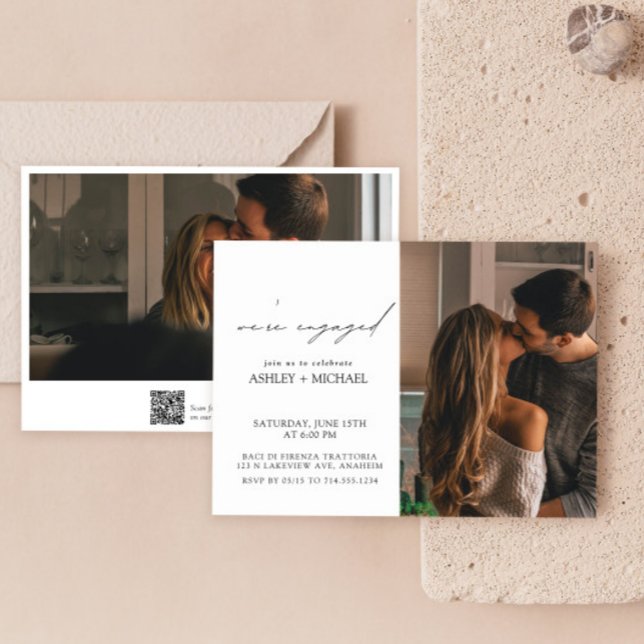 Calligraphy 2 Photo QR Code Engagement Party Invitation (Easily personalize this engagement party invite with your photos and deets!)
