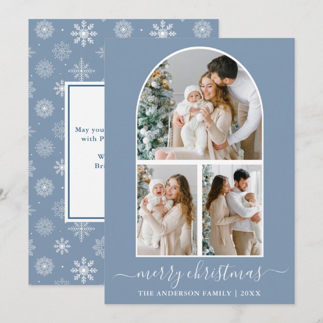 Calligraphy 3 Photo Arch Snowflakes Dusty Blue Holiday Card (Front/Back)