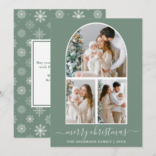Calligraphy 3 Photo Arch Snowflakes Sage Green Holiday Card (Front/Back)