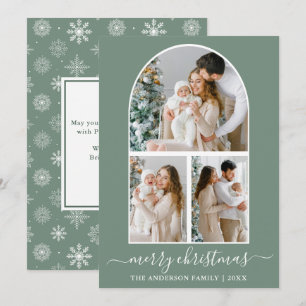 Calligraphy 3 Photo Arch Snowflakes Sage Green Holiday Card