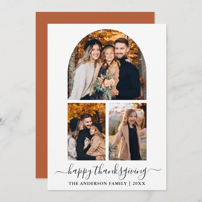 Calligraphy 3 Photo Arch Thanksgiving Terracotta Holiday Card (Front/Back)