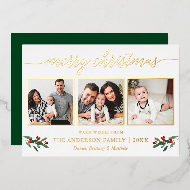 Calligraphy 3 Photo Christmas Holly Green Gold Foil Holiday Card (Front/Back)