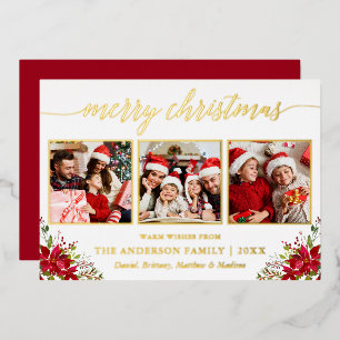 Calligraphy 3 Photo Christmas Poinsettia Gold Foil Holiday Card