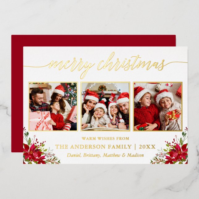 Calligraphy 3 Photo Christmas Poinsettia Gold Foil Holiday Card (Front/Back)
