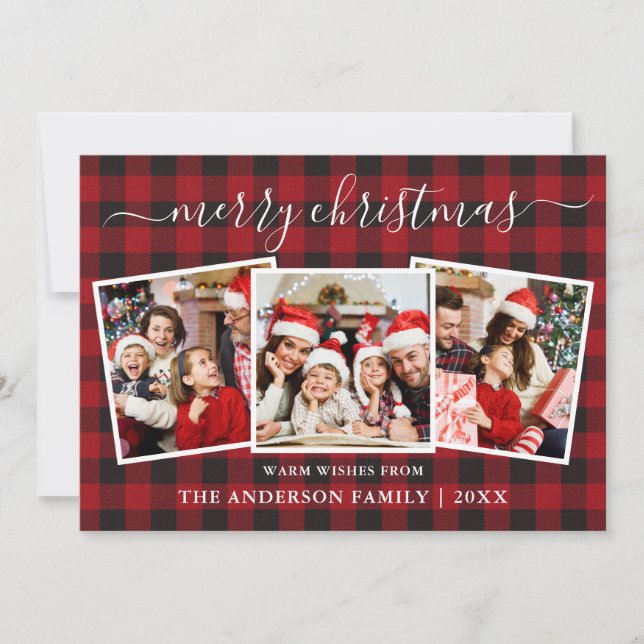 Calligraphy 3 Photo Christmas Red Buffalo Plaid Holiday Card (Front)
