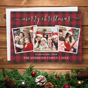 Calligraphy 3 Photo Christmas Red Buffalo Plaid Holiday Card