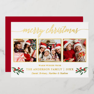 Calligraphy 3 Photo Christmas Red Holly Gold Foil Holiday Card