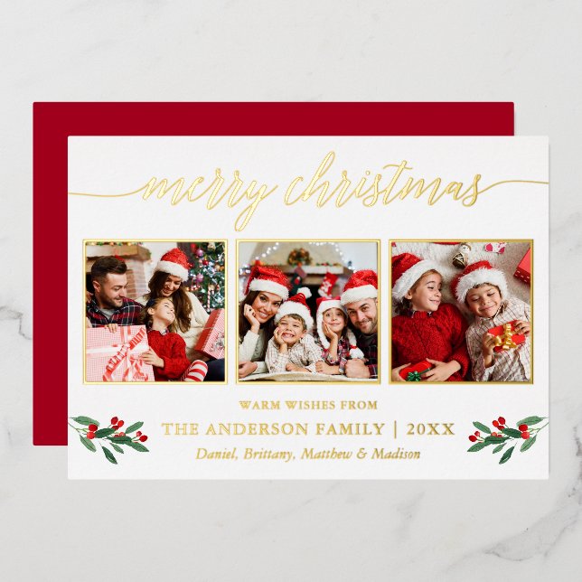 Calligraphy 3 Photo Christmas Red Holly Gold Foil Holiday Card (Front/Back)