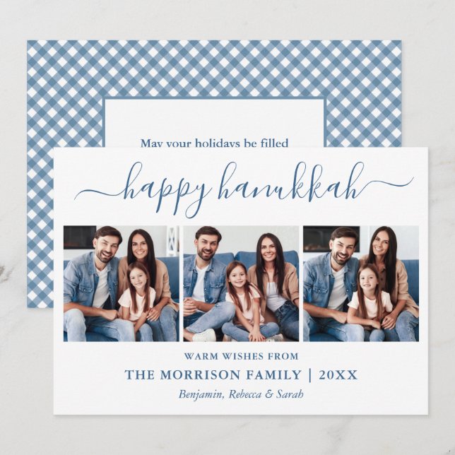 Calligraphy 3 Photo Dusty Blue Gingham Hanukkah Holiday Card (Front/Back)
