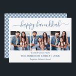 Calligraphy 3 Photo Dusty Blue Gingham Hanukkah Holiday Card<br><div class="desc">Modern Trendy Calligraphy Script 3 Photo Family Photo Collage Happy Hanukkah Card - Dusty Blue and White Plaid Gingham Back</div>