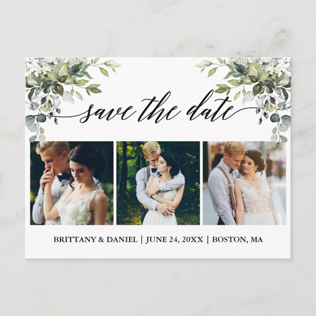 Calligraphy 3 Photo Greenery Save The Date Postcard (Front)