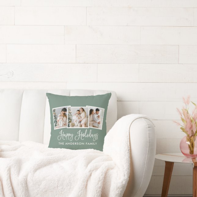 Calligraphy 3 Photo Happy Holidays Sage Green Cushion (Couch)