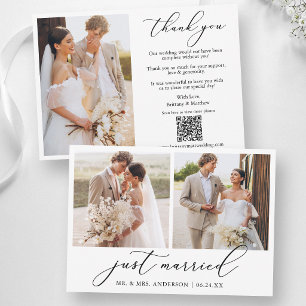 Calligraphy 3 Photo Just Married QR Code Wedding Thank You Card