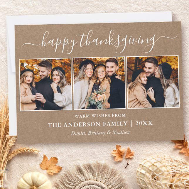 Calligraphy 3 Photo Kraft Thanksgiving Holiday Card (Customize to add text to back of card.)
