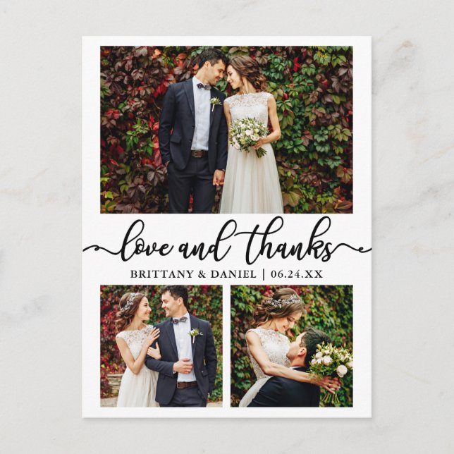 Calligraphy 3 Photo Wedding Collage Thank You Postcard (Front)