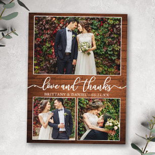 Calligraphy 3 Photo Wood Wedding Thank You Postcard