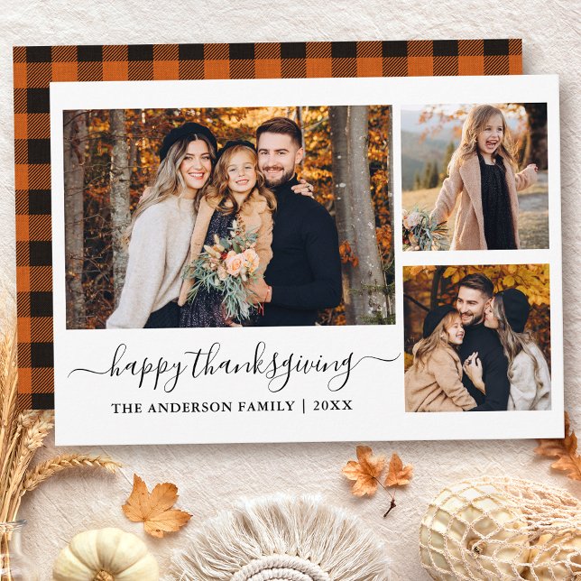 Calligraphy 3 Photos Thanksgiving Orange Plaid Holiday Card (Customize to change text size or style.)