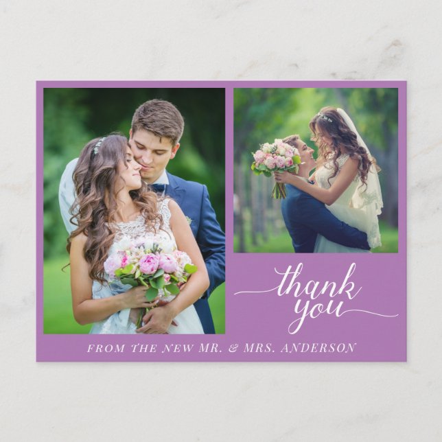 Calligraphy 3 Photos Wedding Thank You Purple Postcard (Front)