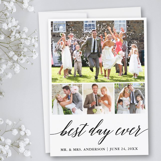 Calligraphy 4 Photo Best Day Ever Wedding Thank You Card (Customize to add text to back of card.)