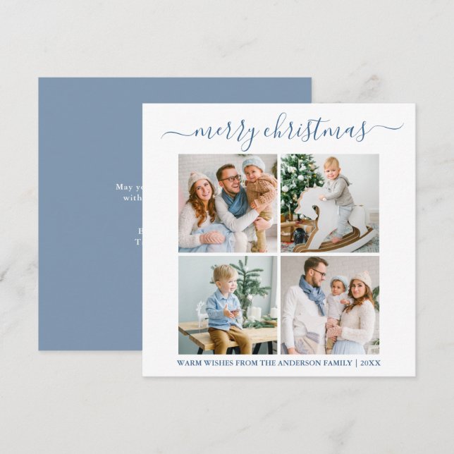 Calligraphy 4 Photo Christmas Dusty Blue Square Holiday Card (Front/Back)