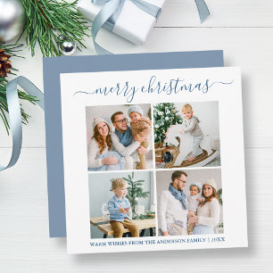Calligraphy 4 Photo Christmas Dusty Blue Square Holiday Card
