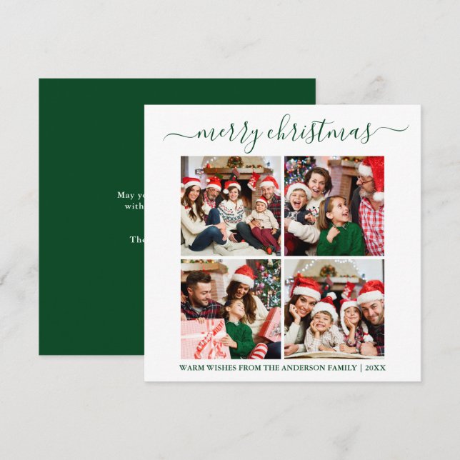 Calligraphy 4 Photo Christmas Green Square Holiday Card (Front/Back)